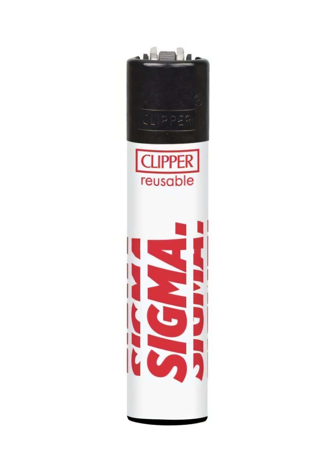 Weißer und roter clipper nachfüllbarer feuerzeug mit fettem sigma schriftzug ideal für gothic kleidung und horror fans